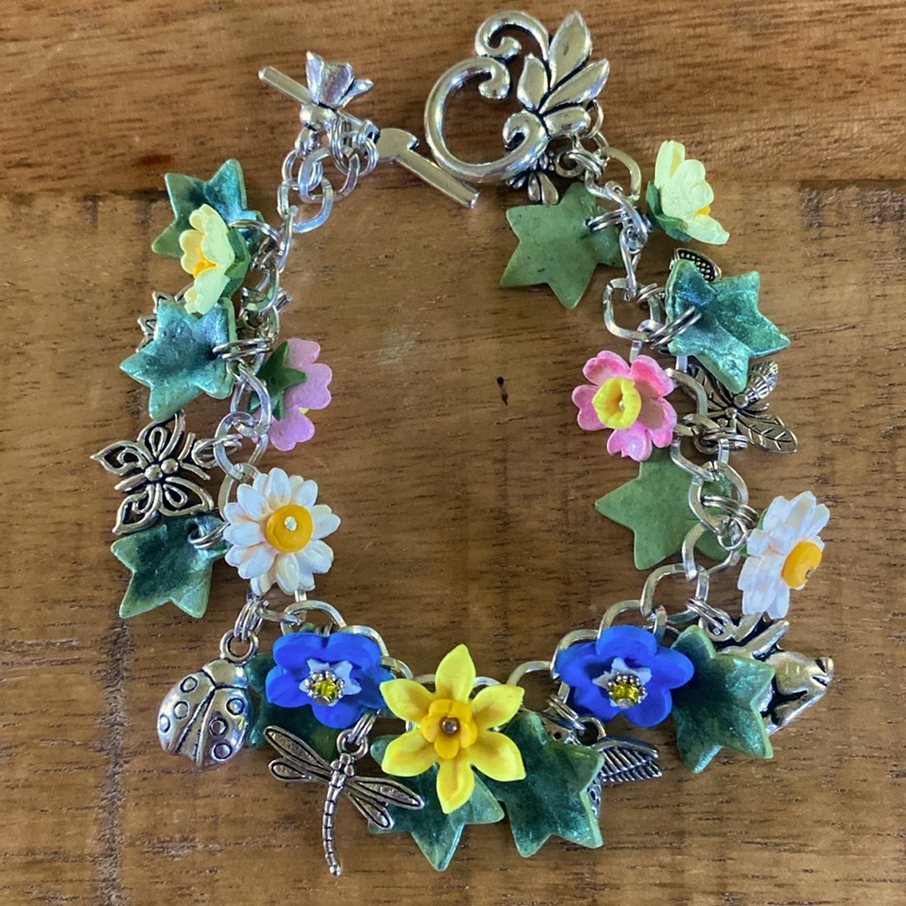 Silver Tone & Clay Spring Charm Bracelet